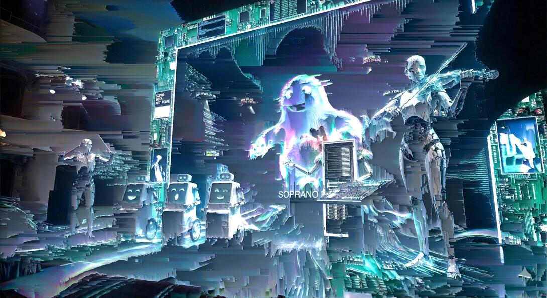 AI Slop — holographic figures on a stage